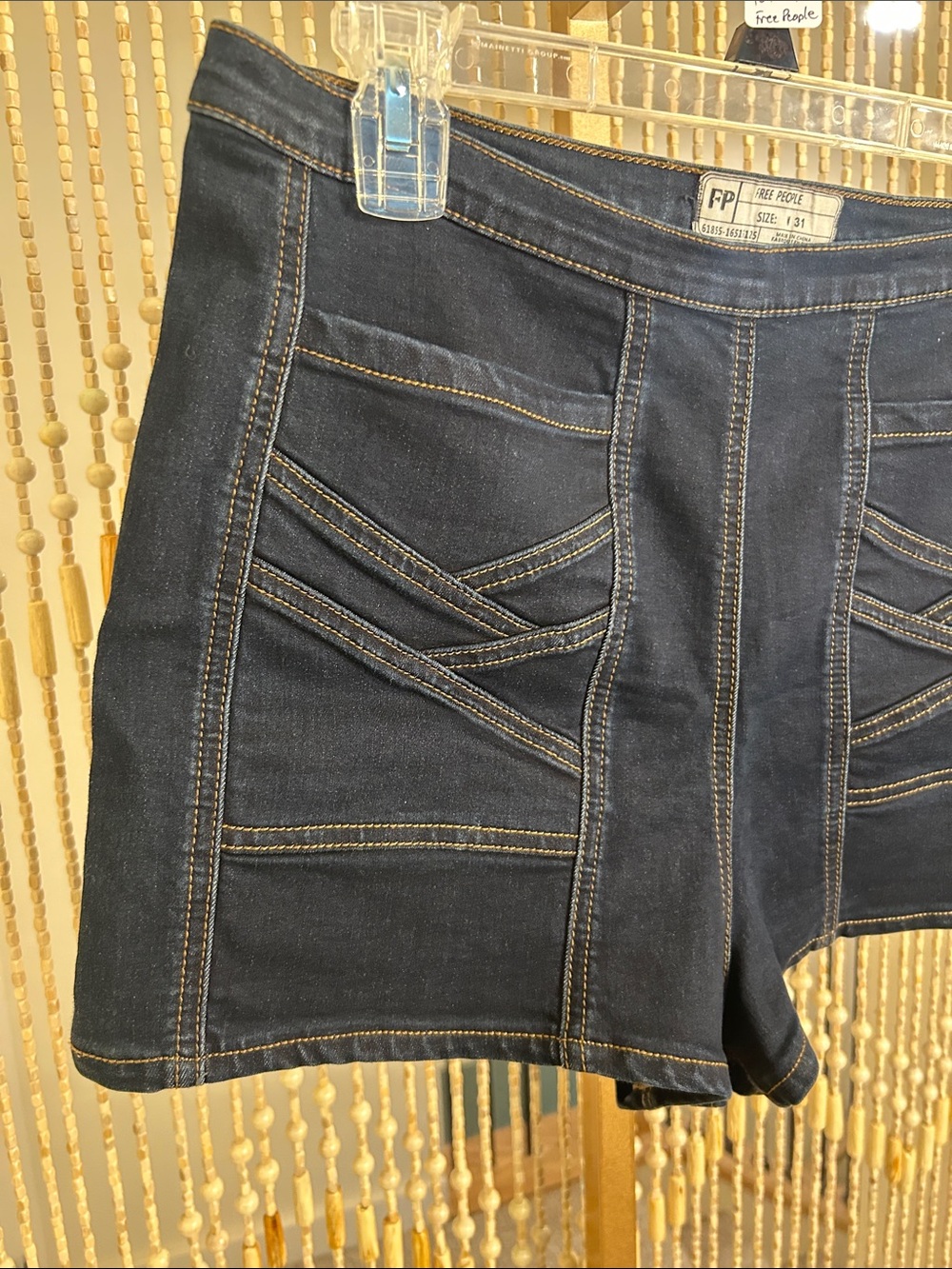 Free People Dark Indigo High-Rise Jean Shorts with Contrast Stitching - Picture 4 of 8